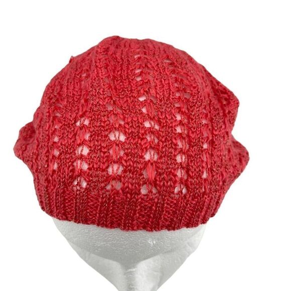 Women’s Red Gold Speckled Open Knit Crochet Ribbed Beanie Beret Hat One Size - Picture 7 of 10